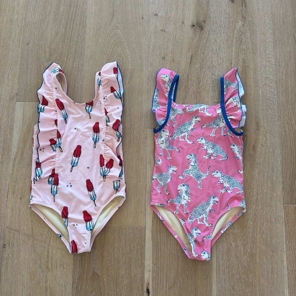 Pink Chicken girls swimsuit lot. Size 6T. Pink Dinos and Pink Rocket Pop suits.